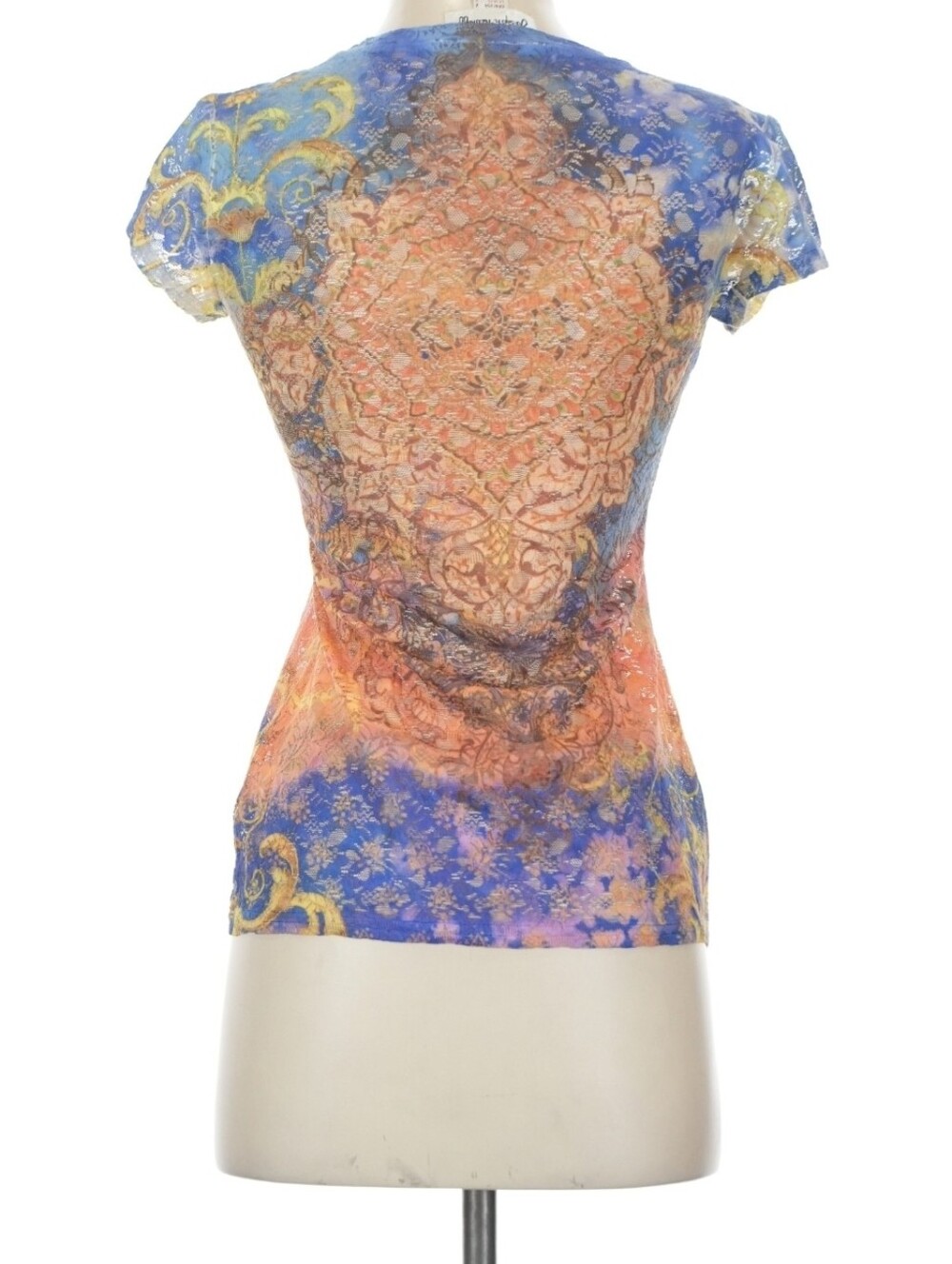 Joseph Ribkoff Blue & Orange V-Neck Printed Short Sleeve Tee Sz XS (2) - Picture 11 of 13